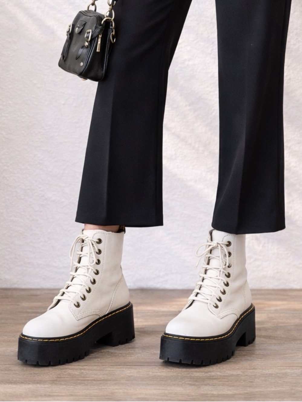 Dr. Martens Cream Lace-Up Platform Boots with Black Lug Sole Women’s Size 8